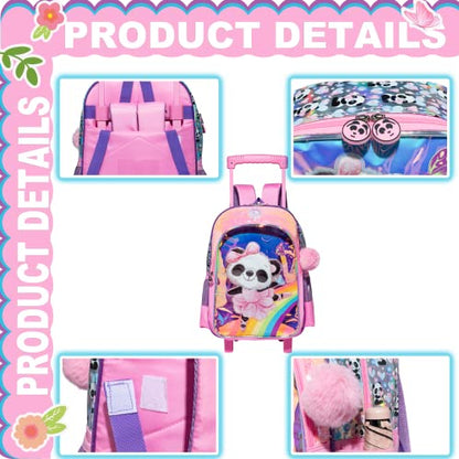 Panda Rolling Backpack for Girls with Lunch Box Kids Backpack with Wheels for School Sequin Trolley Trip Luggage Rolling Bookbag for Kindergarten Girls Elementary - color: Pink Panda-3pcs