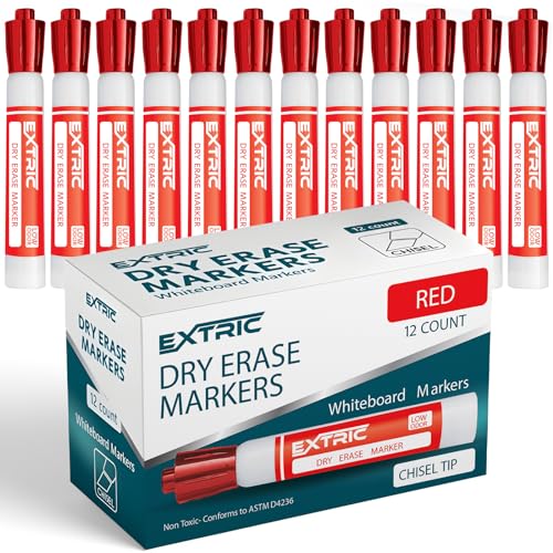 EXTRIC Red Dry Erase Markers 12 PK Whiteboard Marker Chisel Tip Low Odor | Use: Whiteboards and Glass Boards, Color: Vivid Red Ink, Tip Style: Chisel Tip, Feature: Low-Odor, Quick Drying - color: Red, size: 1 Count (Pack of 12)