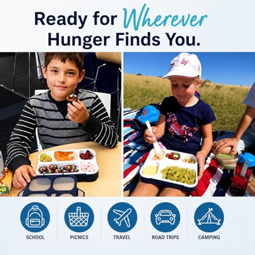Bento Lunch Box Snack Containers for Kids Boys Girls Adults, 6 Divided Compartments - School, Daycare, Leak Proof Meal Planning Portion Control, BPA-Free Boxes, Utensils, Navy Blue - color: Navy