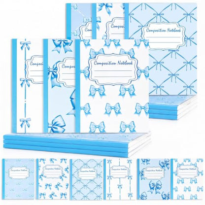 6 Packs 112 Pages Composition Notebook for Back to School 7-1/2" x 9-3/4" | Cute Blue Bow Composition Notebook College Ruled Bulk for First Day of School Offices - color: Blue