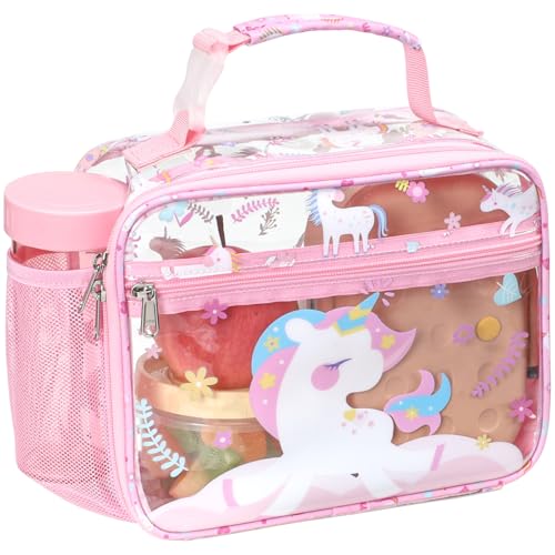 Bagseri Clear Kids Lunch Bag - School Snack Bag with Bottle Holder | Side Pocket, Buckle Handle, Wide Opening, PEVA Lining, School Kids Lunch Box, Clear Toy Bags, Pink Unicorn - color: B-pink cute unicorn