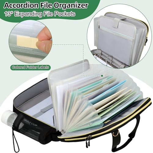 3 Inch D-Ring Zipper Binder Bag for 700 Sheet Capacity& 13 Inch Laptop Compartment, Detachable Zip Up Binder Case with 13 Expanding Pockets Accordion File Organizer for School Office (Black)