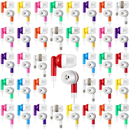 Macarrie 50 Pack Earbuds Bulk for Classroom Kids Wire Earphones Students Ear Buds Set Stereo Headphones for Kids Adults Schools Libraries, 3.5 MM Audio Jack (Mixed Colors)