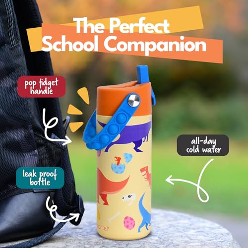 Elemental Insulated Kids Water Bottle, Stainless Steel Water Bottle with Straw Lid & Pop-It Handle, Leak-Proof Water Bottles for School, Boys or Girls, Travelling and Sports, 18oz - Dino Rage - color: Dino Rage