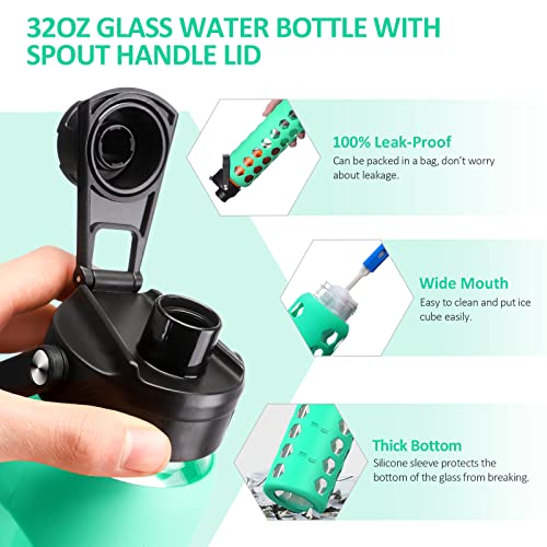 MUKOKO 24oz Glass Water Bottle, Green | Glass Tumbler with Straw, Drinking Bottles with 2 Lids-Handle Spout Lid & Bamboo Straw Lid, Silicone Sleeve, 1 Pack - color: Green, size: 24 Ounces