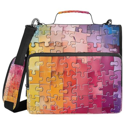 Kigai Jigsaw Puzzle Pattern 3 Ring Zipper Binder 1.5 inch D Ring Binder Organizer with Shoulder Strap Multi-Pocket Expanding File Folder Tote Bag for School Office