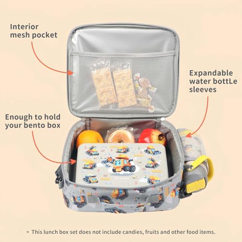 rockpapa Kids Lunch Box Set with 14oz Insulated Water Bottle & Lunch Bag, Leakproof 5.5 Cups Bento Box for School & Children, BPA-Free, Microwave Safe for Boys Girls (Grey Constr Turcks) - color: Grey Constr Turcks