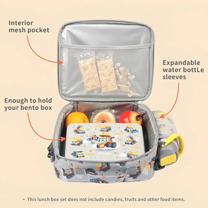 rockpapa Kids Lunch Box Set with 14oz Insulated Water Bottle & Lunch Bag, Leakproof 5.5 Cups Bento Box for School & Children, BPA-Free, Microwave Safe for Boys Girls (Grey Constr Turcks) - color: Grey Constr Turcks