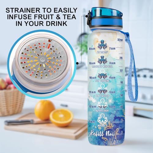 Octopus 32oz Water Bottle with Time Marker – Funny Stop Slacking Drink Your Water Ocean Animal Hydration Tracker Bottle, Sea Animal Gift for Octopus Lovers - color: Octopus