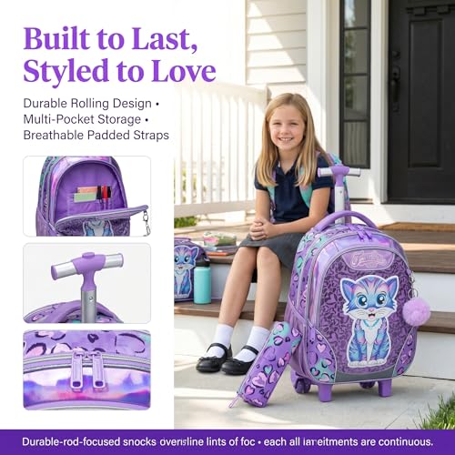 Kids Rolling Backpack for Girls Cat Trolley Suitcases Luggage with Wheels Bookbag Wheeled 3pcs on Lunch Box Pencil Case Elementary Teenagers Purple for Girls Age 5-12 - color: Purple-0130-maomi