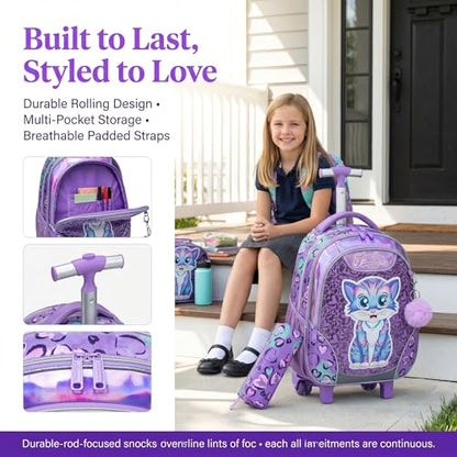Kids Rolling Backpack for Girls Cat Trolley Suitcases Luggage with Wheels Bookbag Wheeled 3pcs on Lunch Box Pencil Case Elementary Teenagers Purple for Girls Age 5-12 - color: Purple-0130-maomi