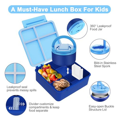 MAXSO Bento Lunch Box Set for Kids with 8 oz Soup Thermo, Leakproof Hot Food Container with 4 Compartments, Insulated Food Jar for Toddler Daycare Boys Girls School - Blue - color: Blue