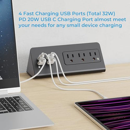 Nightstand Charging Station, Nightstand Edge Power Strip with 3 AC Outlets, 4 Fast Charging USB Ports, Connect 6.56FT Flat Plug, Desk Surge Protector for Office Home Hotel, 2-Pack(Black/White) - color: 2Pack-Black/White