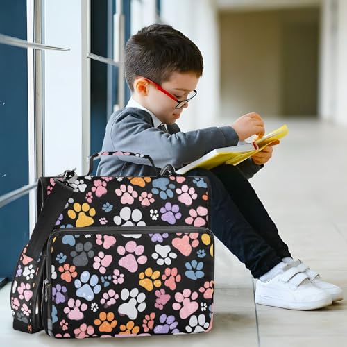Bolaz Durable 3 Ring Binder Bag with Zipper,Colorful Footprint Pattern,1.5 Inch Multi-Pockets Organizer with Shoulder Strap and Handle - color: Colorful Footprint Pattern