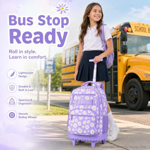 AGSDON Rolling Backpack for Girls, Women Roller Wheels Bookbag, Laptop Daisy Wheeled School Bag with Wheels for Teens - color: Daisy Purple