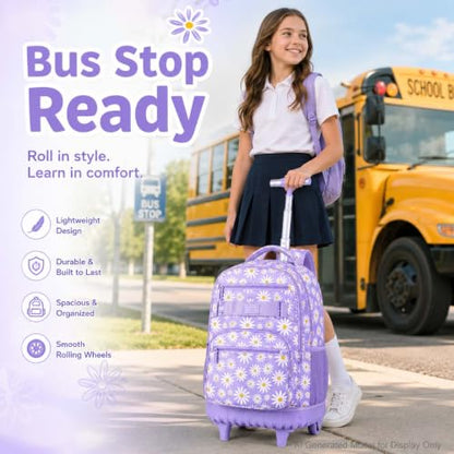 AGSDON Rolling Backpack for Girls, Women Roller Wheels Bookbag, Laptop Daisy Wheeled School Bag with Wheels for Teens - color: Daisy Purple