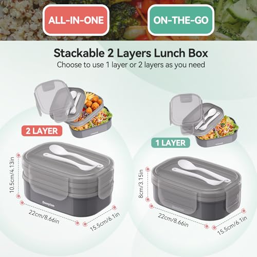 2 Layers Bento Box, All-in-One Stackable Lunch Container with Compartments, 64oz Leakproof Microwave Safe Dishwasher Safe Bento Box with Lunch Bag and Utensil Set for Kids and Adults - color: Gray