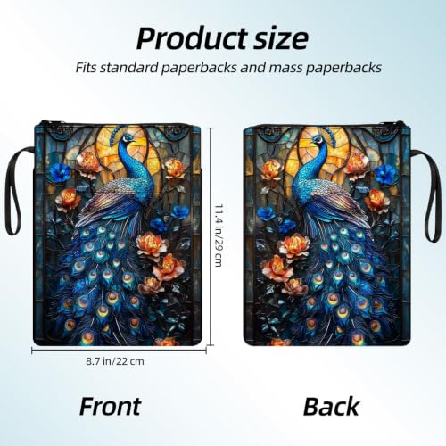 Padded Book Sleeve with Zipper & Front Pocket, Fabric Book Cover | Stained Glass Peacock Bird11.4"x8.7" Washable Canvas Pouch for Hardcovers, Tablets & Reading Accessories - color: Stained Glass Peacock Bird