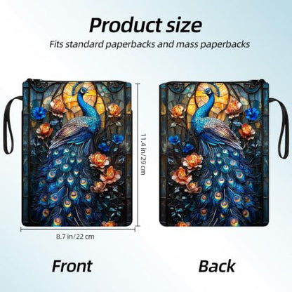 Padded Book Sleeve with Zipper & Front Pocket, Fabric Book Cover | Stained Glass Peacock Bird11.4"x8.7" Washable Canvas Pouch for Hardcovers, Tablets & Reading Accessories - color: Stained Glass Peacock Bird