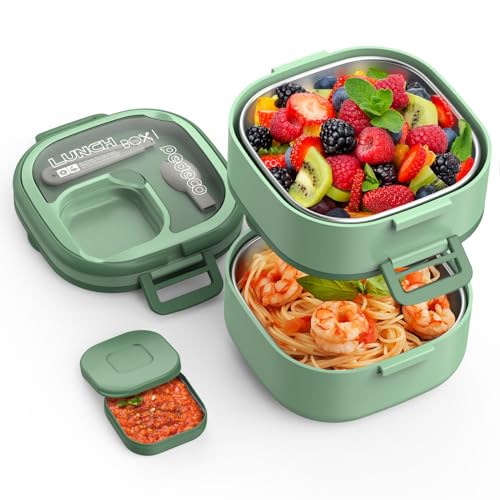 PEDECO Double-Layer Bento Lunch Box for Kids & Adults with Removable Stainless Steel Dividers,Dressing Container,BPA-Free,Dishwasher Safe - Includes Utensil,(Green,Non-Insulated) - color: Green, size: Stainless Steel Double Layers