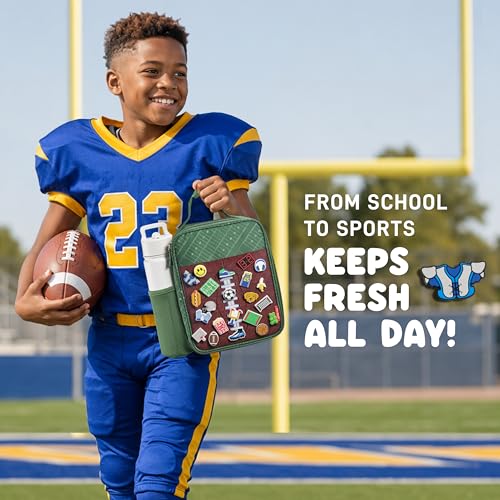 Fit & Fresh Customizable Charm Lunch Bag for Boys & Girls, Football Kids Lunch Box with 6 Sports Charms, Premium Insulated Reusable Lunch Tote for School - color: Green Football
