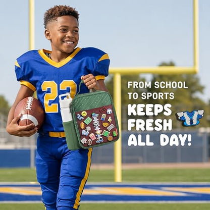 Fit & Fresh Customizable Charm Lunch Bag for Boys & Girls, Football Kids Lunch Box with 6 Sports Charms, Premium Insulated Reusable Lunch Tote for School - color: Green Football