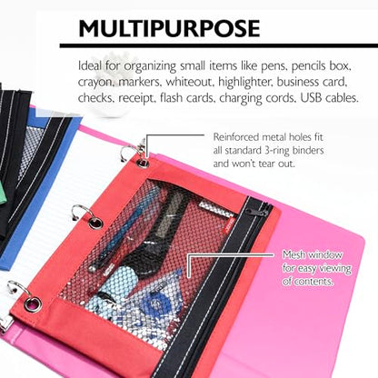 BAZIC PRODUCTS 3-Ring Pencil Pouch with Clear Mesh Window, 4-Set | clear mesh window and a zipper closure for pens, pencils, supplies - size: 4 Count (Pack of 1)