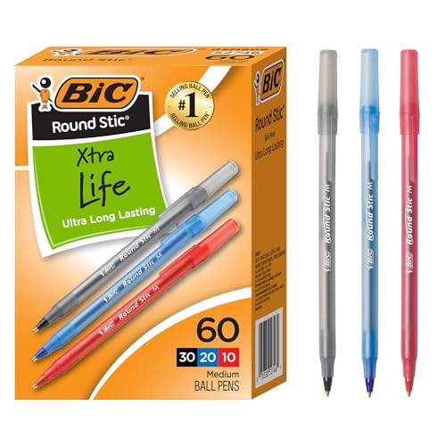 BIC Round Stic Xtra Life Assorted Ink Ballpoint Pens, Medium Point (1.0mm), 60-Count Pack of Bulk Pens, Flexible Round Barrel for Comfortable Writing, No. 1 Selling Ballpoint Pens - color: Assorted Colors, size: 60 Count (Pack of 1)