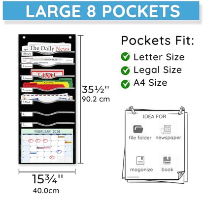 ALSLEA Hanging File Organizer 8 Pockets 15¾”W Legal/ Letter Size Paper Organizer, Pocket Chart for Classroom , Mail Organizer Wall Mounted, Over the Door Organizer with 12 Nameplate, 5 Hooks (Black) - size: 8 Pockets Black