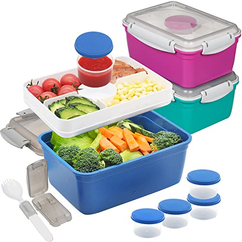 64 oz Salad Containers To Go for Lunch,3 Pack Salad Bowls Bento Lunch Boxes | Large Bento Box with Dressing Pots & 5-Compartments Tray, Food Storage Meal Prep Containers Microwave Dishwasher Safe - color: Dark Green&Rose Red&Dark Blue
