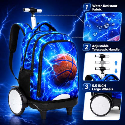 UFNDC Big Wheel Boys Backpack with Wheels, Water-Resistant Rolling School Bag with Lunch Box & Pencil Case, 3-Pack Kids Wheeled Bookbag Travel Set - Lightning Basketball - color: Rolling Backpack Lightning Basketball Blue