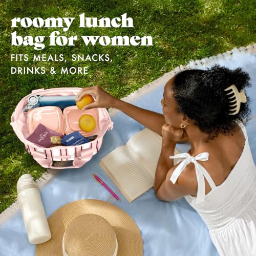 Fit & Fresh Remi Lunch Bag for Women Work – Neoprene Lunch Tote with Containers & Ice Pack, Reusable Meal Prep Lunch Box, Large Capacity, Machine Washable - color: Pink Chunky Stripe