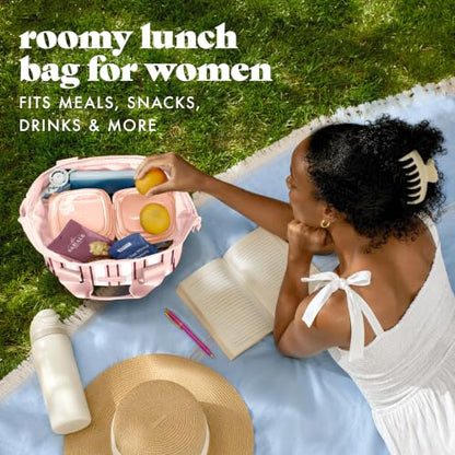 Fit & Fresh Remi Lunch Bag for Women Work – Neoprene Lunch Tote with Containers & Ice Pack, Reusable Meal Prep Lunch Box, Large Capacity, Machine Washable - color: Pink Chunky Stripe