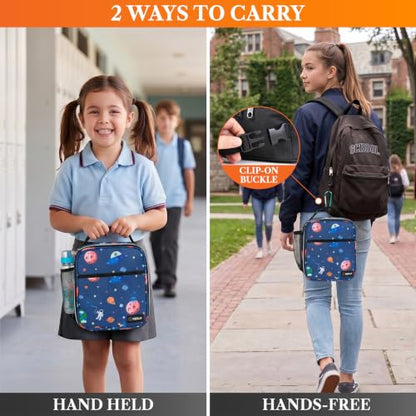 opux Insulated Lunch Bag for Kids Boys Girls, Small Compact Lunch Box with Wide Opening & Mesh Pockets, Reusable Lunch Pail for School, Work, Adults, Men, Women, Space Astronaut - color: Space Astronaut