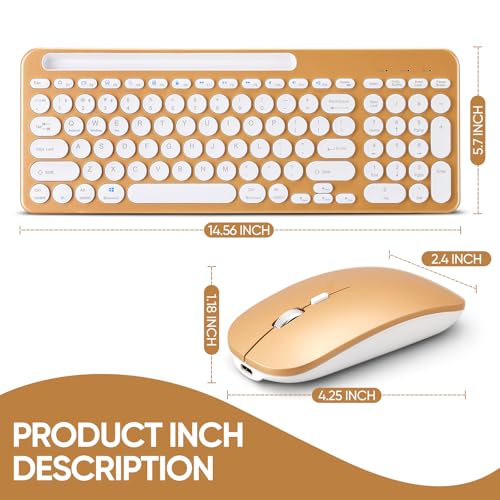 Wireless Keyboard and Mouse Combo with Phone Tablet Holder, Rechargeable Dual-Mode (Bluetooth 5.0 and 3.0 +2.4G) Multi-Device Silent Mouse for Windows, iPad, Tablet, MacOS,iOS,Android (Gold) - color: gold