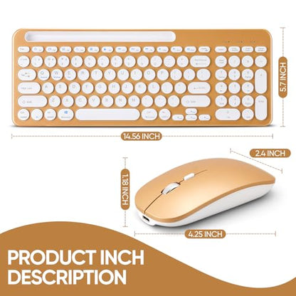 Wireless Keyboard and Mouse Combo with Phone Tablet Holder, Rechargeable Dual-Mode (Bluetooth 5.0 and 3.0 +2.4G) Multi-Device Silent Mouse for Windows, iPad, Tablet, MacOS,iOS,Android (Gold) - color: gold
