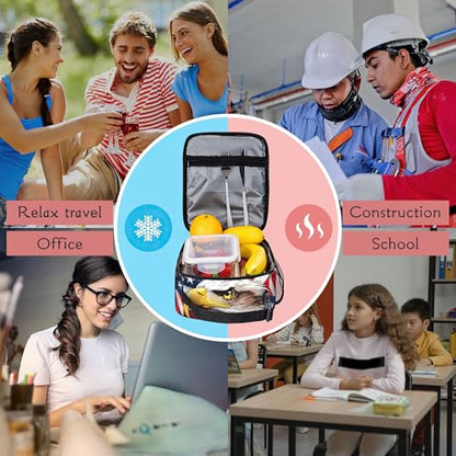 Insulated American Flag Eagle Lunch Bag, Reusable Cooler Tote with Handle | Portable lunch bag with insulated lining, side mesh pocket and spacious design for school, office, picnic and outdoor use - color: American Flag Eagle