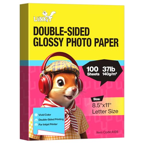 Uinkit Double Sided Glossy Photo Paper 8.5 x 11, 100 Sheets, 37 lb / 140gsm / 6.5mil, Thin Inkjet Paper for Dye Ink, Fast Dry for Brochures, Flyers, Menus, Chip Bags & Craft Prints - size: 8.5 x 11 x Glossy