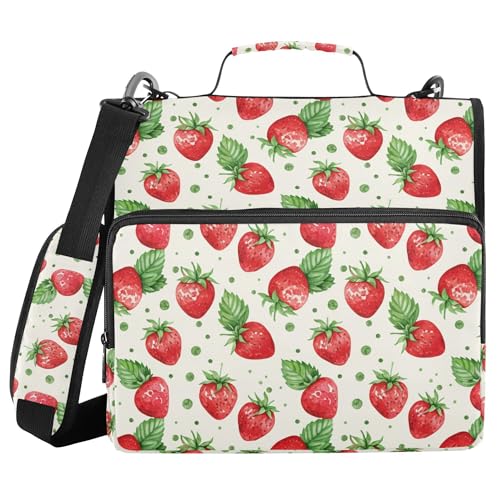 Cute Strawberry Zipper Binder 3 Ring with Shoulder Strap, Multiple Pockets Expanding File Folder Binder Bag Organizer