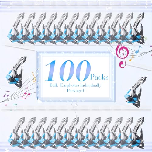 Kanayu 100 Pack Wired Earbuds Bulk for Classroom Ear Headphones Wired Basic Student Earbuds No Microphone with 3.5MM Jack for Class Laptop School Library, Individually Bagged (Blue) - color: Blue