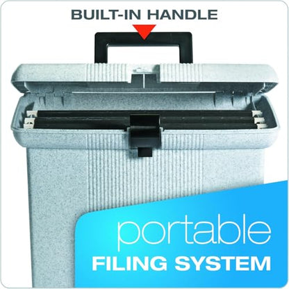 Pendaflex Portable File Box with File Rails, Simple Document Storage, File Bin for Home and Office, Hinged Lid with Double Latch Closure, Granite, 3 Hanging Folders Included, 11" x 14" x 6.5" (41737)