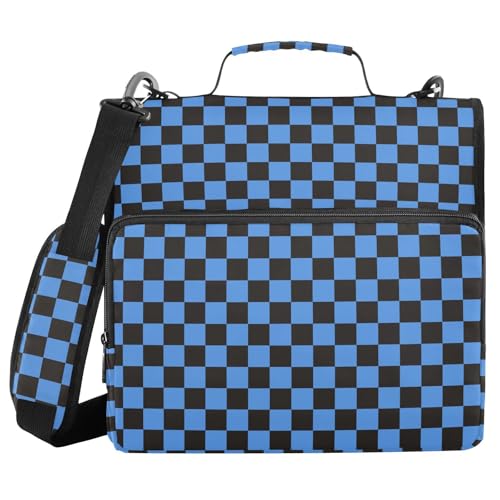 Blue Black Checkered Binder Bag 3 Ring Zipper Binders with Shoulder Strap for School Office Organizer Storage - color: Q005