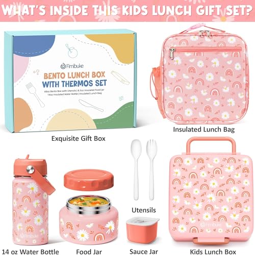 Fimibuke Bento Box for Kids Adult - Leakproof 3-4 Compartments Lunch Bento Box Set with Insulated Food Jar, Water Bottle, Lunch Bag, Sauce Cup & Cutlery for Toddler Teen Shcool Girl Boy Age 3+ - color: A6.Rainbow & Daisy