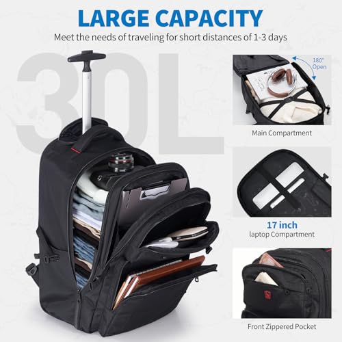 OIWAS Rolling Backpack, Travel Backpack with Wheels, 17 Inch Laptop Roller Backpacks, Business Wheeled Backpacks for Women Men