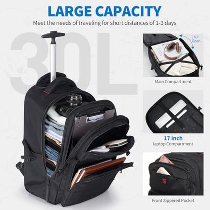 OIWAS Rolling Backpack, Travel Backpack with Wheels, 17 Inch Laptop Roller Backpacks, Business Wheeled Backpacks for Women Men