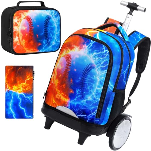 AGSDON Quiet Rolling Backpack with Lunch Box Set – Large‑Wheel Water‑Resistant Wheeled Bag for School, Outings, and Travel | Fire-Lightning Baseball 3‑Piece Organizer Backpack - color: Big Wheel Rolling Backpack Fire-lightning Basebal
