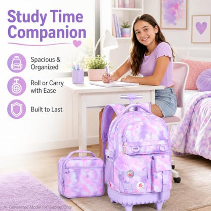 WZLVO 3PCS Backpack with Wheels, Water Resistance Girls Rolling Bookbag, Women Aesthetic Roller School Bag Set with Lunch Box & Pencil Bag for Teens & Kids - Purple Tie Dye Cloud - color: 3pcs Girls Rolling Backpack - Purple Tie Dye Cloud