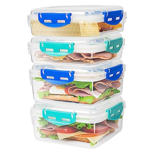 4 PCS Sandwich Containers - 100% Airtight & BPA-Free & Microwave & Dishwasher Safe Kitchen Storage Containers with Upgraded Snaps, 2 heightened Containers for Lunch Boxes and 2 normal version | Kitchen food Storage Containers with Upgraded Snaps lids, 2 h