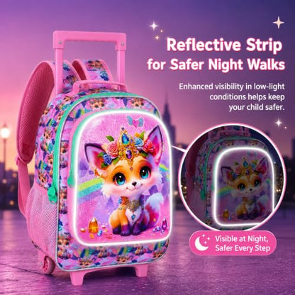 3Pcs Rolling Backpack for Girls, Fox Roller Bookbag with Lunch Box, Kids School Backpacks with Wheels for Elementary Preschool(Yellow) - color: Fox Yellow