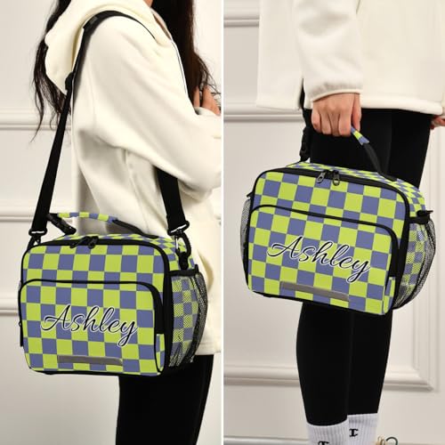 Custom Student Lunch Bag for Boys Girls Green Blue Checkered Personalized Lunch Box With Name Insulated Cooler Bag for School Picnic Travel - color: Multi16